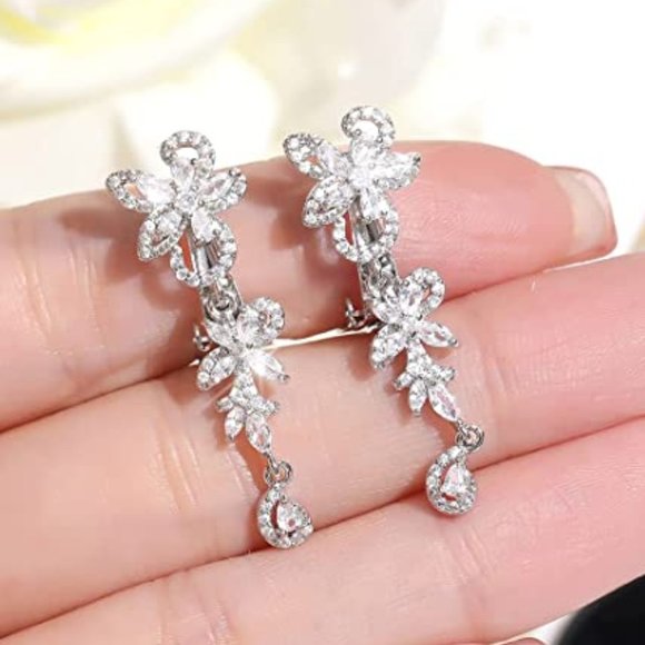 Women/Girls/Brides Gifts for Mothers Day Teardrop Cubic Zirconia Clip Earrings
